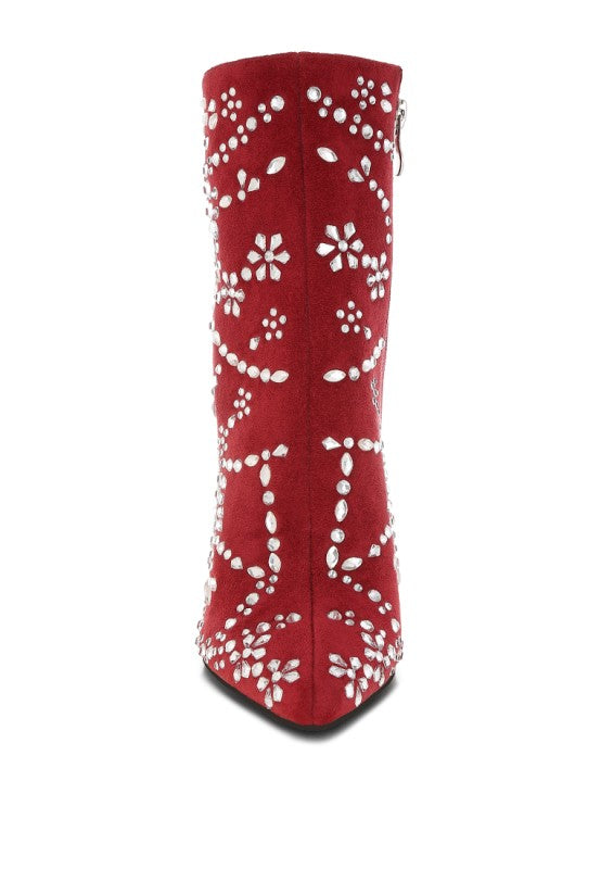 Red boot with white floral patterns on a white background