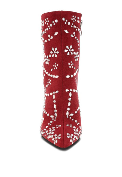 Red boot with white floral patterns on a white background