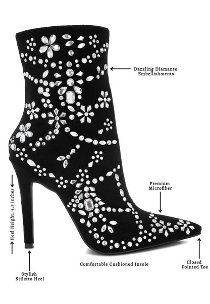 Black ankle boot with diamond embellishments on a white background