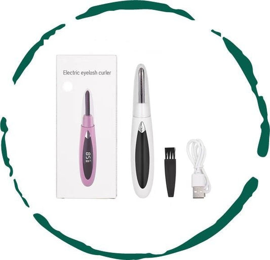 Electric eyelash curler with ergonomic design and USB charging port, ideal for achieving natural-looking curls.

