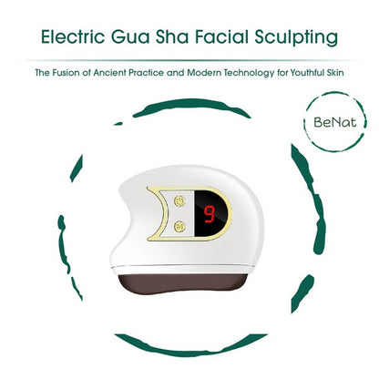 Electric Gua Sha facial sculpting tool with ergonomic design, LED light, heat, and vibration functions for facial massage

