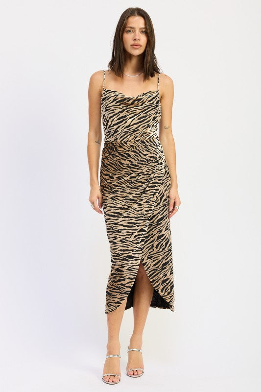 Elegant midi dress with draped cowl neckline and side gathers, offering a flattering silhouette for evening events and formal occasions