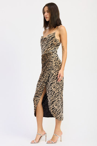Elegant midi dress with draped cowl neckline and side gathers, offering a flattering silhouette for evening events and formal occasions