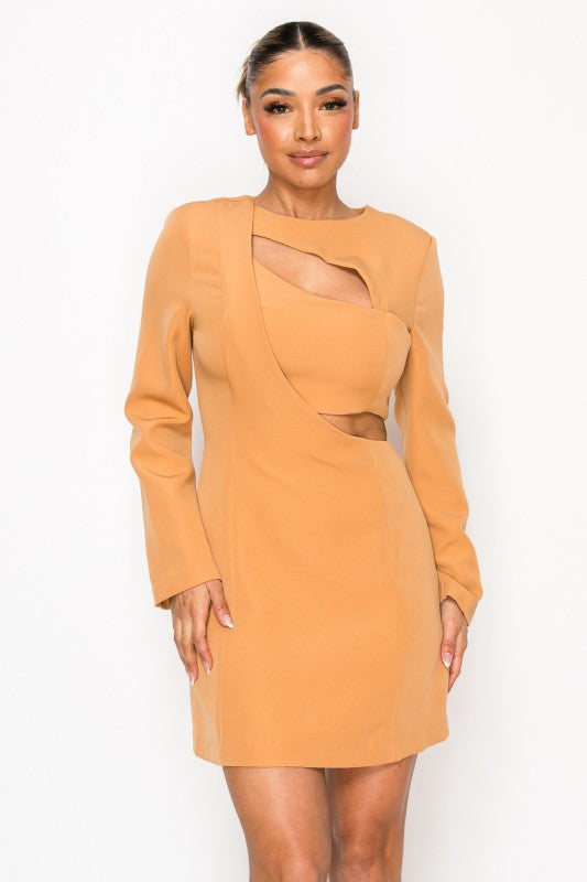Woman wearing a long-sleeve mini dress with asymmetrical cutouts across the chest and midriff, styled against a plain white background.