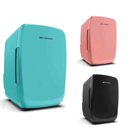 Three compact Emerson mini fridges in turquoise, pink, and black—each with a sleek rounded design and vertical handle, displayed side by side.