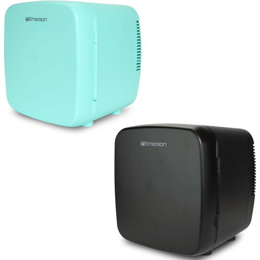 Two compact Emerson mini fridges—one turquoise, one black—with rounded edges and front branding, shown side by side