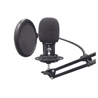 A condenser microphone setup with pop filter, foam windscreen, and boom arm, featuring echo, volume, and mute controls—ideal for recording and streaming.