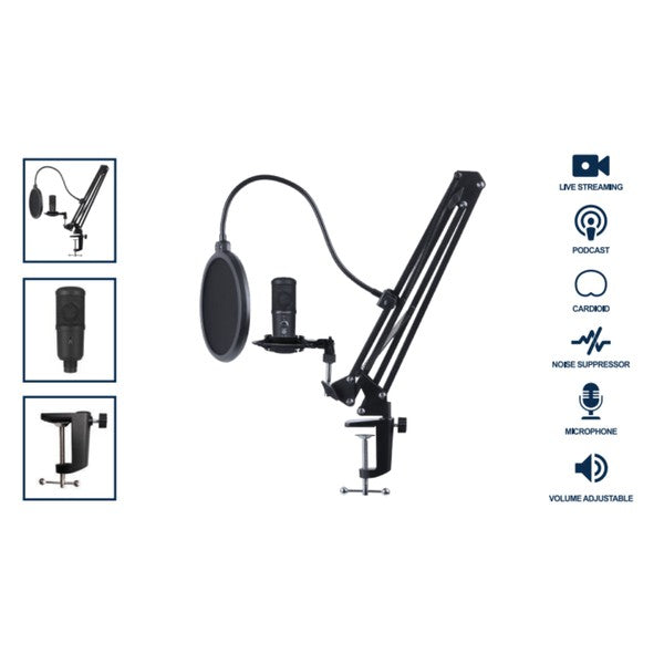 A condenser microphone setup with pop filter, foam windscreen, and boom arm, featuring echo, volume, and mute controls—ideal for recording and streaming.