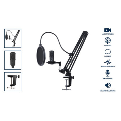 A condenser microphone setup with pop filter, foam windscreen, and boom arm, featuring echo, volume, and mute controls—ideal for recording and streaming.