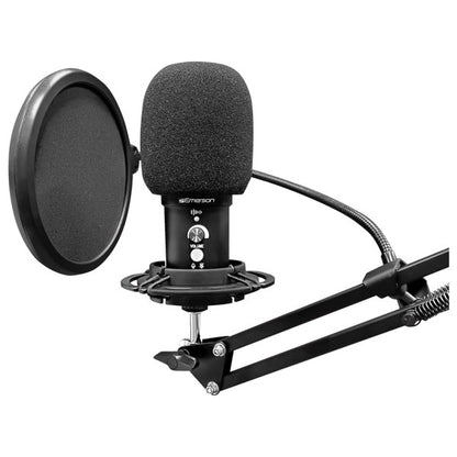A condenser microphone setup with pop filter, foam windscreen, and boom arm, featuring echo, volume, and mute controls—ideal for recording and streaming.