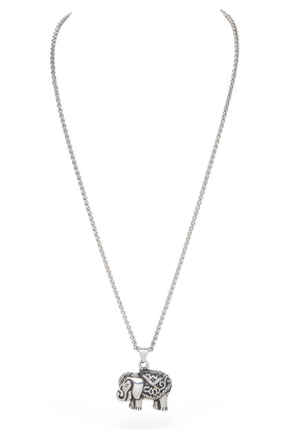 Silver elephant pendant necklace featuring intricate patterns and ornamental detailing on the body, head, and legs, symbolic, artistic, and perfect for adding cultural charm to any look.