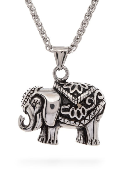 Silver elephant pendant necklace featuring intricate patterns and ornamental detailing on the body, head, and legs, symbolic, artistic, and perfect for adding cultural charm to any look.
