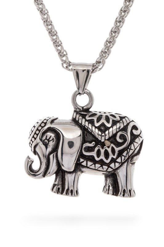 Silver elephant pendant necklace featuring intricate patterns and ornamental detailing on the body, head, and legs, symbolic, artistic, and perfect for adding cultural charm to any look.