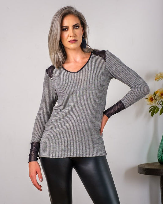 Stylish V-neck sweatshirt with sleek faux leather accents.