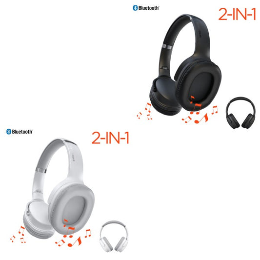 Two pairs of over-ear Bluetooth headphones—one black, one white—labeled "2-IN-1" with musical notes and Bluetooth logos, suggesting wireless audio and dual functionality, likely shown in a promotional layout.