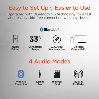 Bluetooth 5.3 device promo—features quick pairing, 33 ft range, auto reconnection, universal compatibility, and 4 audio modes: wireless, aux, microSD, FM radio.