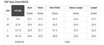 A size chart for a floral long sleeve top, perfect for sunny outdoor days.