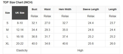 A size chart for a floral long sleeve top, perfect for sunny outdoor days.