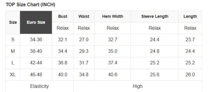 A size chart for a floral long sleeve top, perfect for sunny outdoor days.