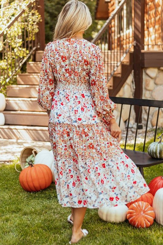 Floral midi dress with V-neckline, ruffle long sleeves, and tiered hem—ideal for spring events and casual outings