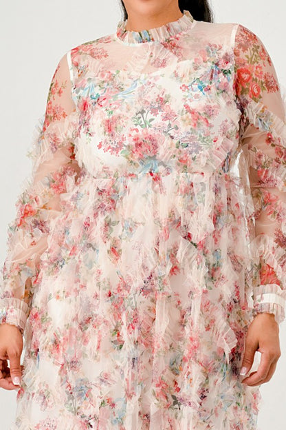 woman models an elegant floral midi dress with sheer long sleeves, a high neck, and textured ruffled details for a romantic look, close up.
