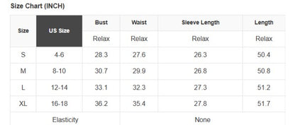 Size chart for clothing measurements in inches