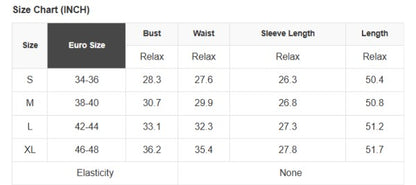 Size chart for clothing with Euro size equivalents, bust, waist, sleeve length, and length measurements.