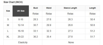 Size chart for clothing measurements in inches with UK size labels.