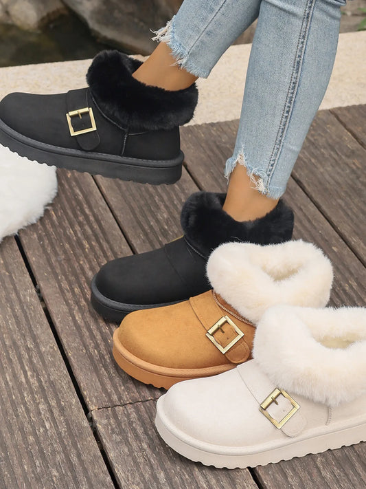Ankle boots with faux fur trim, side buckle detail, platform sole, and slip-on design shown in multiple shades