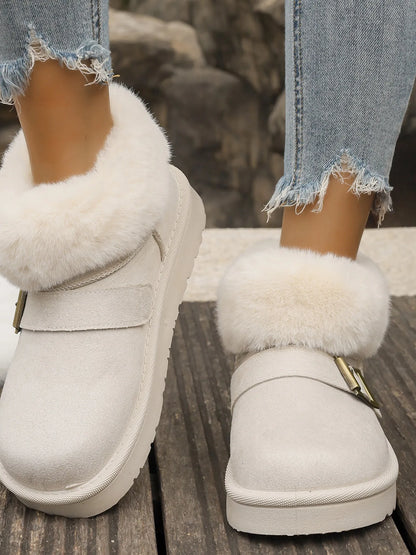 Ankle boots with faux fur trim, side buckle detail, platform sole, and slip-on design shown in multiple shades