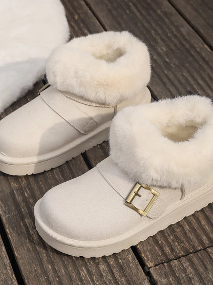 Ankle boots with faux fur trim, side buckle detail, platform sole, and slip-on design shown in multiple shades