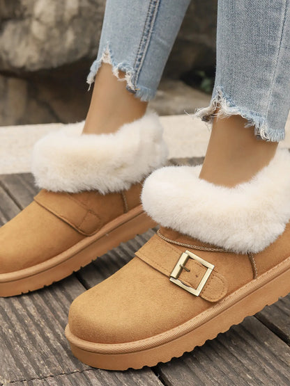 Ankle boots with faux fur trim, side buckle detail, platform sole, and slip-on design shown in multiple shades
