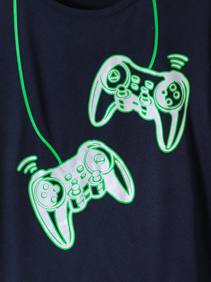 Navy blue t-shirt with green neon outlines of two gaming controllers on a dark background