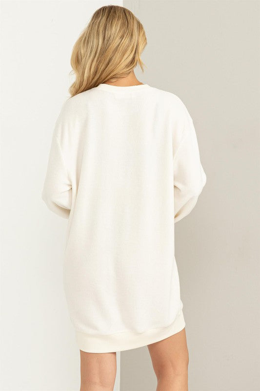Girlfriend sweatshirt mini dress in soft fleece fabric, long sleeves, relaxed fit mini length — casual, cozy style for everyday wear
