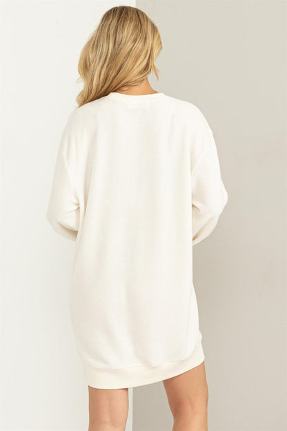 Girlfriend sweatshirt mini dress in soft fleece fabric, long sleeves, relaxed fit mini length — casual, cozy style for everyday wear