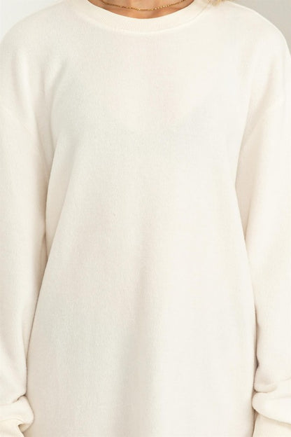 Girlfriend sweatshirt mini dress in soft fleece fabric, long sleeves, relaxed fit mini length — casual, cozy style for everyday wear