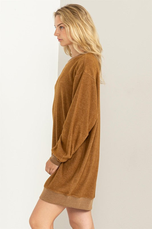 Girlfriend sweatshirt mini dress in soft fleece fabric, long sleeves, relaxed fit mini length — casual, cozy style for everyday wear