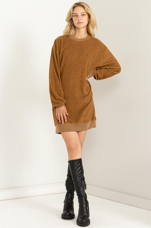 Girlfriend sweatshirt mini dress in soft fleece fabric, long sleeves, relaxed fit mini length — casual, cozy style for everyday wear