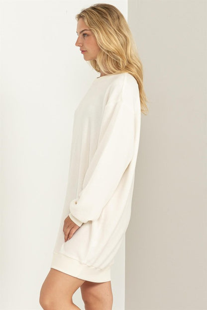 Girlfriend sweatshirt mini dress in soft fleece fabric, long sleeves, relaxed fit mini length — casual, cozy style for everyday wear