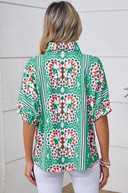 Green geometric print gives it modern boho flair. 