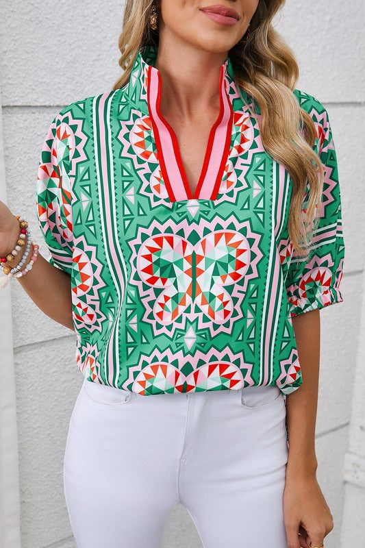 Green geometric print gives it modern boho flair. 