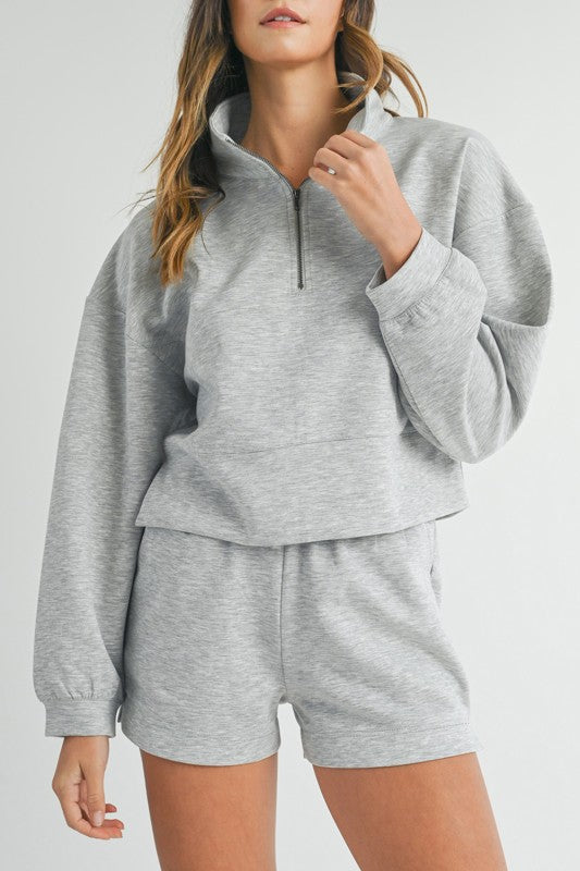 Grey Zip Neck Sweatshirt & Shorts Set
