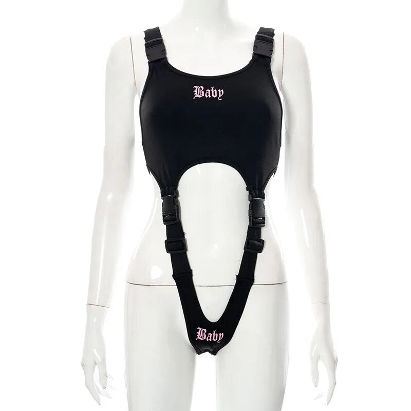 Goth Dark Techwear Y2k Punk Women Sexy Bodysuits Mall Gothic Cargo Black Buckle Patchwork Alt Clothes Cut Out Printed Streetwear