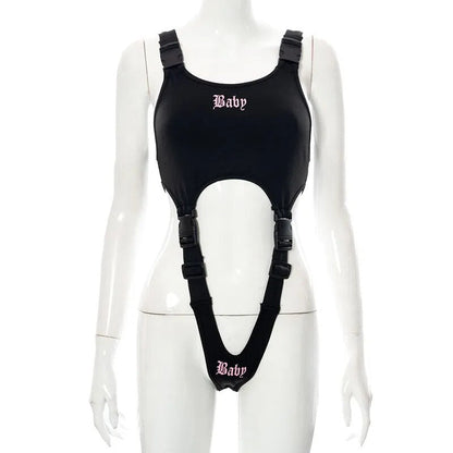 Goth Dark Techwear Y2k Punk Women Sexy Bodysuits Mall Gothic Cargo Black Buckle Patchwork Alt Clothes Cut Out Printed Streetwear