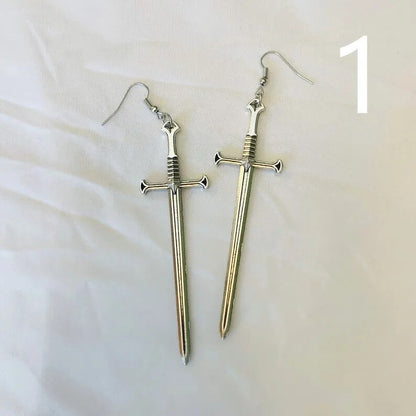 Gothic Black Night Warrior Earrings Sun Ring Sword Earrings Classic Eardrop Big Sword Statement Mystical Jewellery Women Gift