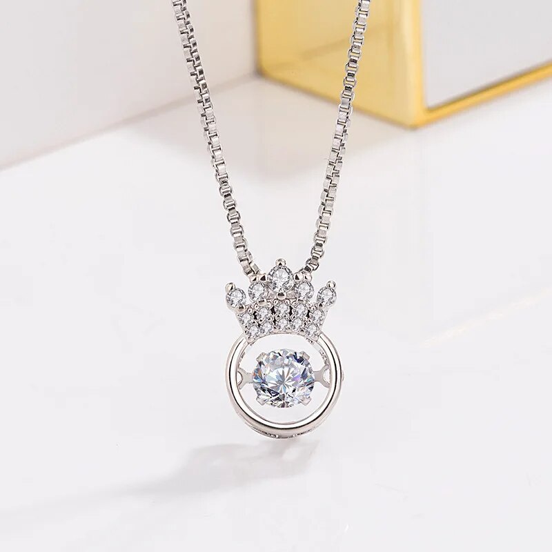 Cellacity Silver 925 Jewelry Round Gemstones Crown Pendant Necklace for Women Beating heart Trendy Female Clavicle Chain Gifts