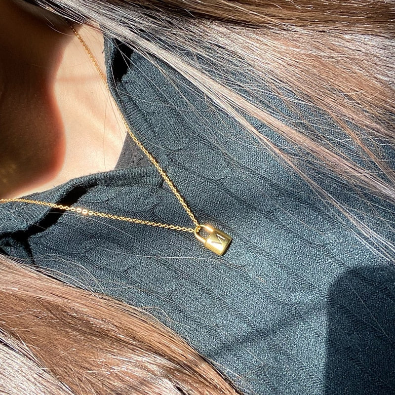 Initial Necklace For Women Padlock Lock Letter Necklace Chain Stainless Steel Jewelry Valentine&#39;s Day Gift Collier Femme