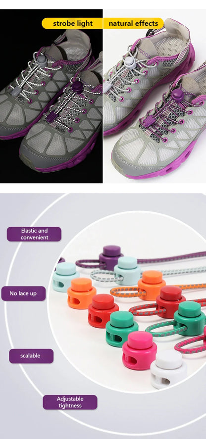 1 Pair Elastic Shoelaces Reflective Push The Spring Lock No Tie Shoe Laces Used For Sneakers Hiking Shoes Lazy Lace Round