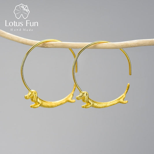 Lotus Fun Lovely Flying Dachshund Dog Big Round Hoop Earrings Real 925 Sterling Silver 18K Gold Earrings for Women Jewelry 2021