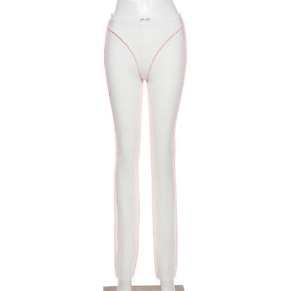 Women Unique Bright Line Casual Trousers   Decoration Irregular Shape Pants High Waist Stretchy Sporty Casualwear